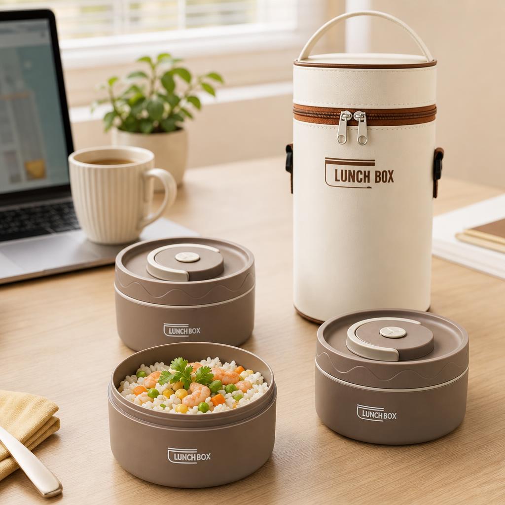 Contenedores del lunch box con comida sobre un escritorio