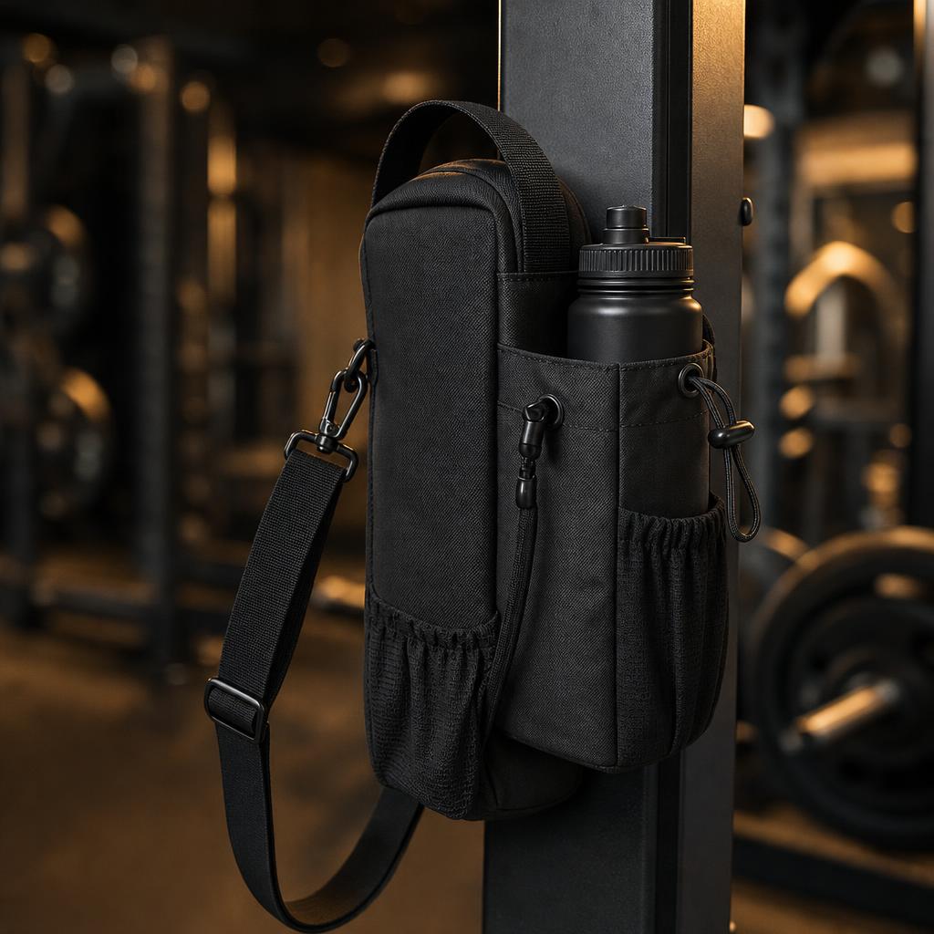 Bolso fijado a un poste del gimnasio con una botella en el porta botella