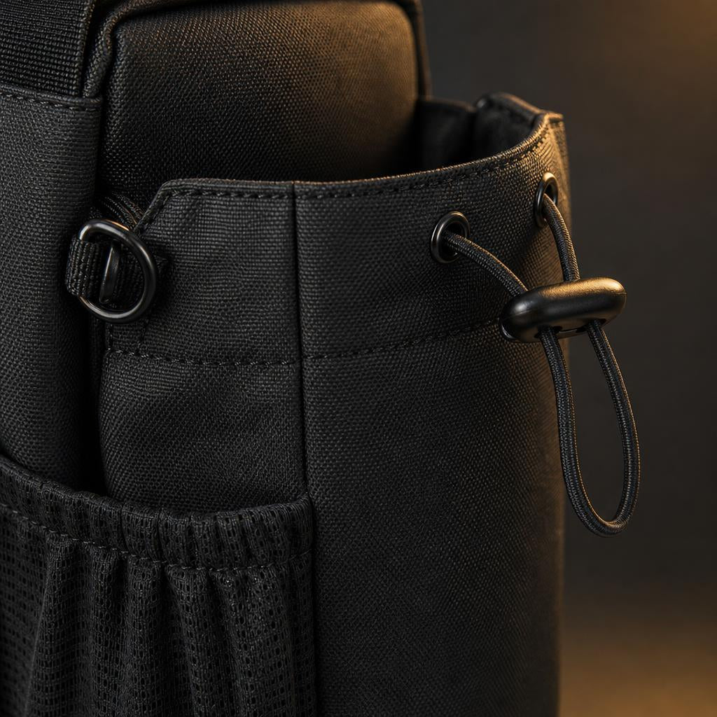 Detalle del bolsillo porta botella con cordón y anillo