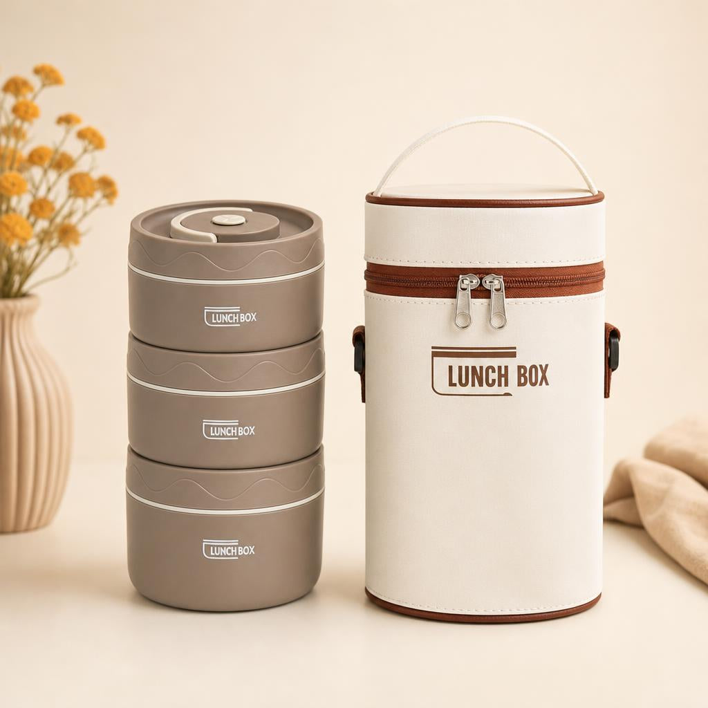 Set lunch box con tres contenedores moca apilados, el más alto abajo, junto a su bolsa de transporte
