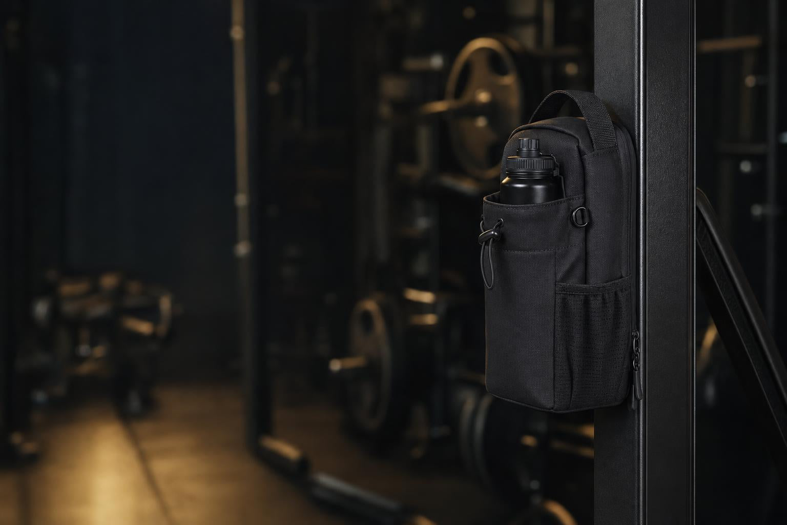 Bolso negro colgado de un poste de gimnasio con una botella de agua