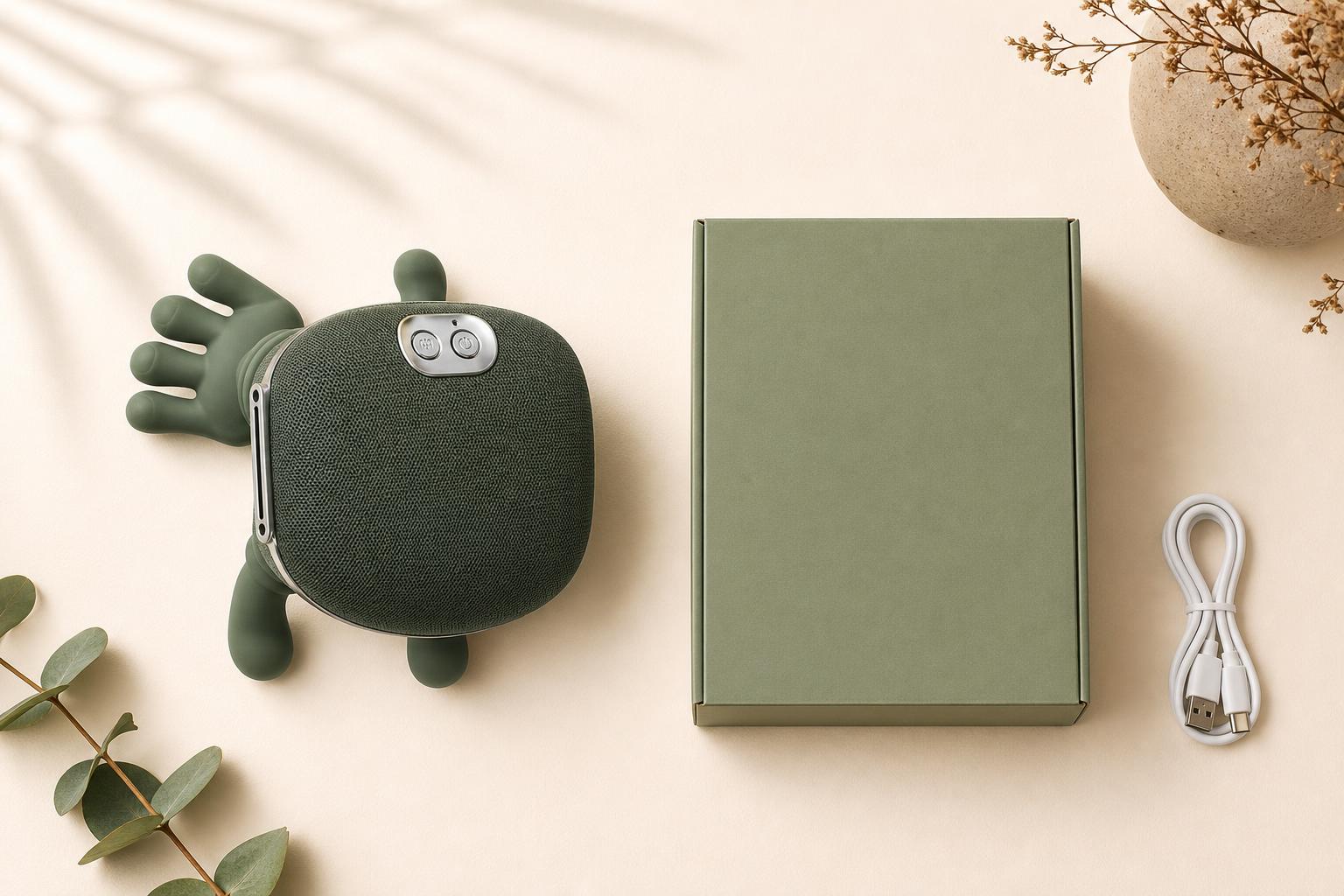 Masajeador, cable USB-C y caja